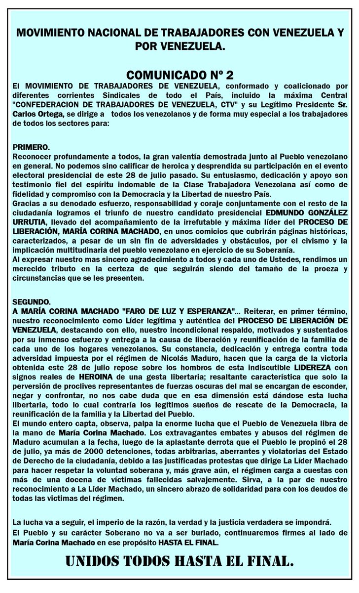 Norbey_Marin_'s tweet photo. 📢Comunicado del MOVIMIENTO NACIONAL DE TRABAJADORES CON VENEZUELA Y POR VENEZUELA

1. Reconocen a @EdmundoGU como el candidato ganador de las elecciones presidenciales del 28 de julio. Destacan el civismo del pueblo venezolano a pesar de los obstáculos. 

2. Respaldan a @MariaCorinaYA como líder legítima y auténtica del proceso de liberación del país contra los abusos del régimen de Nicolás Maduro. 

Les invitamos a leer el comunicado completo 👇