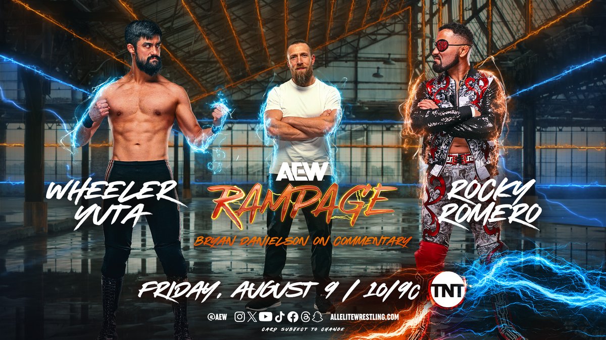 AEW's tweet photo. TOMORROW NIGHT!
Friday Night #AEWRampage
10pm ET/9pm CT | @tntdrama

Wheeler Yuta vs. Rocky Romero

Blackpool Combat Club’s @WheelerYuta as he goes head-to-head against @Azucarroc, w/ @BryanDanielson on commentary, TOMORROW NIGHT on #AEW Rampage! https://t.co/Qq4GgwcDWx