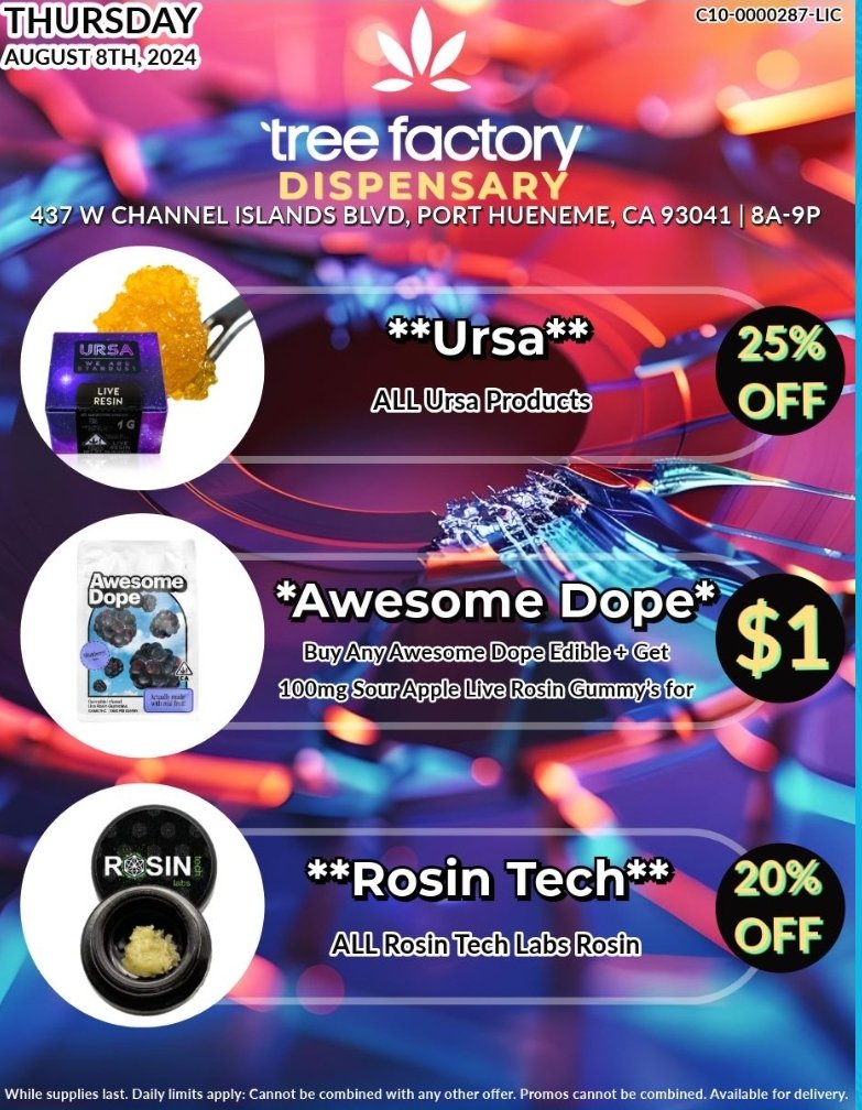 Awesome Dope - Buy Any Awesome Dope Edible + Get Sour Apple Rosin Gummy for $1
Rosin Tech Labs - 20% Off ALL Rosin Tech Labs Rosin
Ursa - 25% OFF ALL Ursa Products
Restock Alert Top Shelf Flower
Ball Family Farms-Nameless Genetics Originals-Kushy Punch Edibles and Disposables