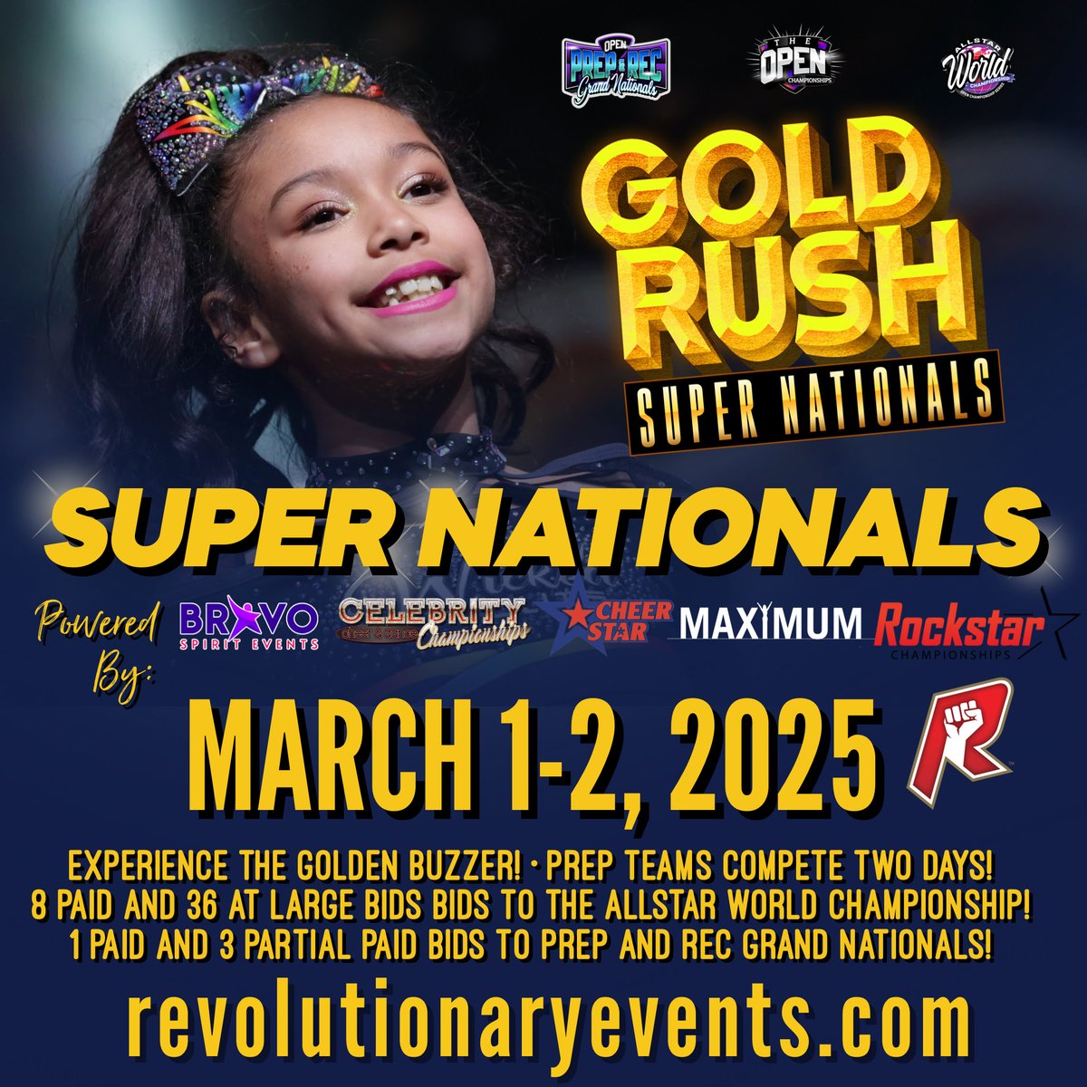 Join Revolution Championships, Rockstar Championships, Bravo Spirit Events_official, Celebrity Events, Maximum Brands, and Cheer Star for Gold Rush Super Nationals, March 1-2, 2025, in Frisco, Texas! 🤠

Learn more and register NOW at revolutionchampionships.com/events/gold-ru…

#theCDIP #GoldRush