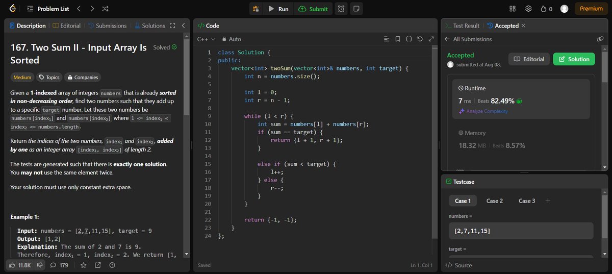code_with_AB's tweet photo. DAY 14

167. 2 Sum Variation
344. Reverse String
977. Squares of Sorted Array

Follow-up: Squaring each element and sorting the new array is trivial. Can you find an O(n) solution with a different approach?

YUP! 👇 Solved all using two pointers 🚀

#leetcode #consistency https://t.co/Uh2CknB2uP