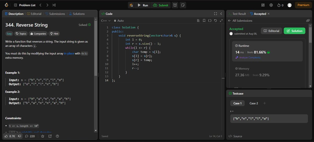 code_with_AB's tweet photo. DAY 14

167. 2 Sum Variation
344. Reverse String
977. Squares of Sorted Array

Follow-up: Squaring each element and sorting the new array is trivial. Can you find an O(n) solution with a different approach?

YUP! 👇 Solved all using two pointers 🚀

#leetcode #consistency https://t.co/Uh2CknB2uP