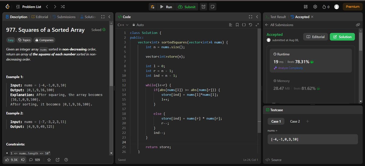 code_with_AB's tweet photo. DAY 14

167. 2 Sum Variation
344. Reverse String
977. Squares of Sorted Array

Follow-up: Squaring each element and sorting the new array is trivial. Can you find an O(n) solution with a different approach?

YUP! 👇 Solved all using two pointers 🚀

#leetcode #consistency https://t.co/Uh2CknB2uP