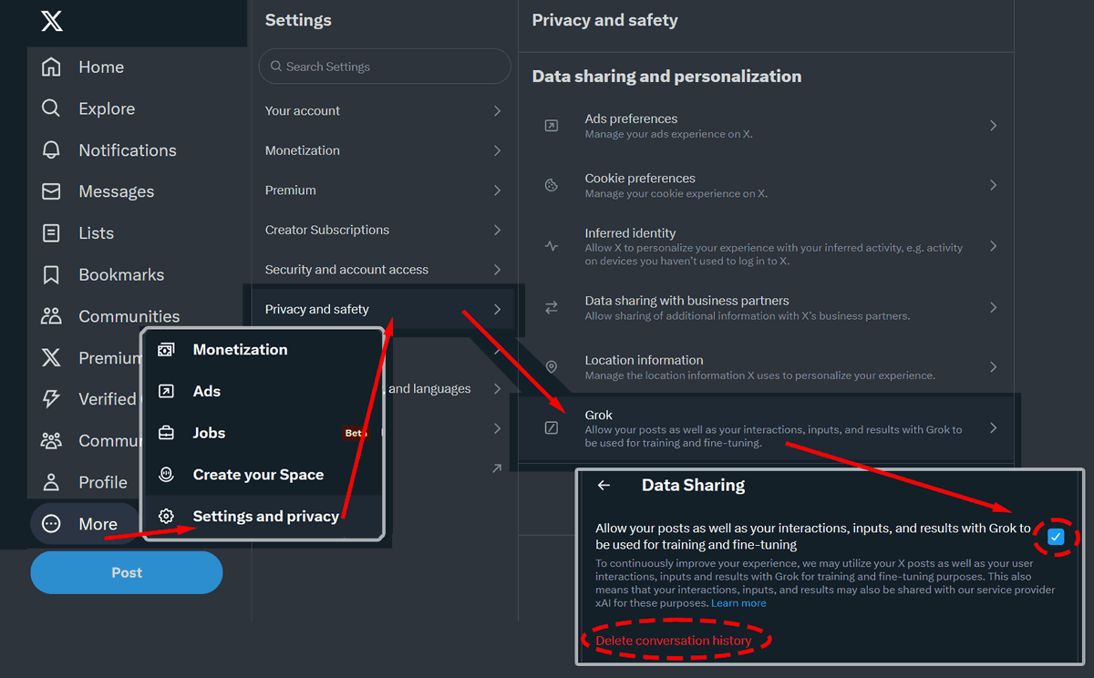 r0thar's tweet photo. @rtenews Xitter turned on #AI scraping two months before adding a method to opt out, here's where they hid it. You can disable your data being used for this by unchecking the box, and optionally deleting you conversation with AI (does not delete your tweets) https://t.co/ceH6kaTyGC