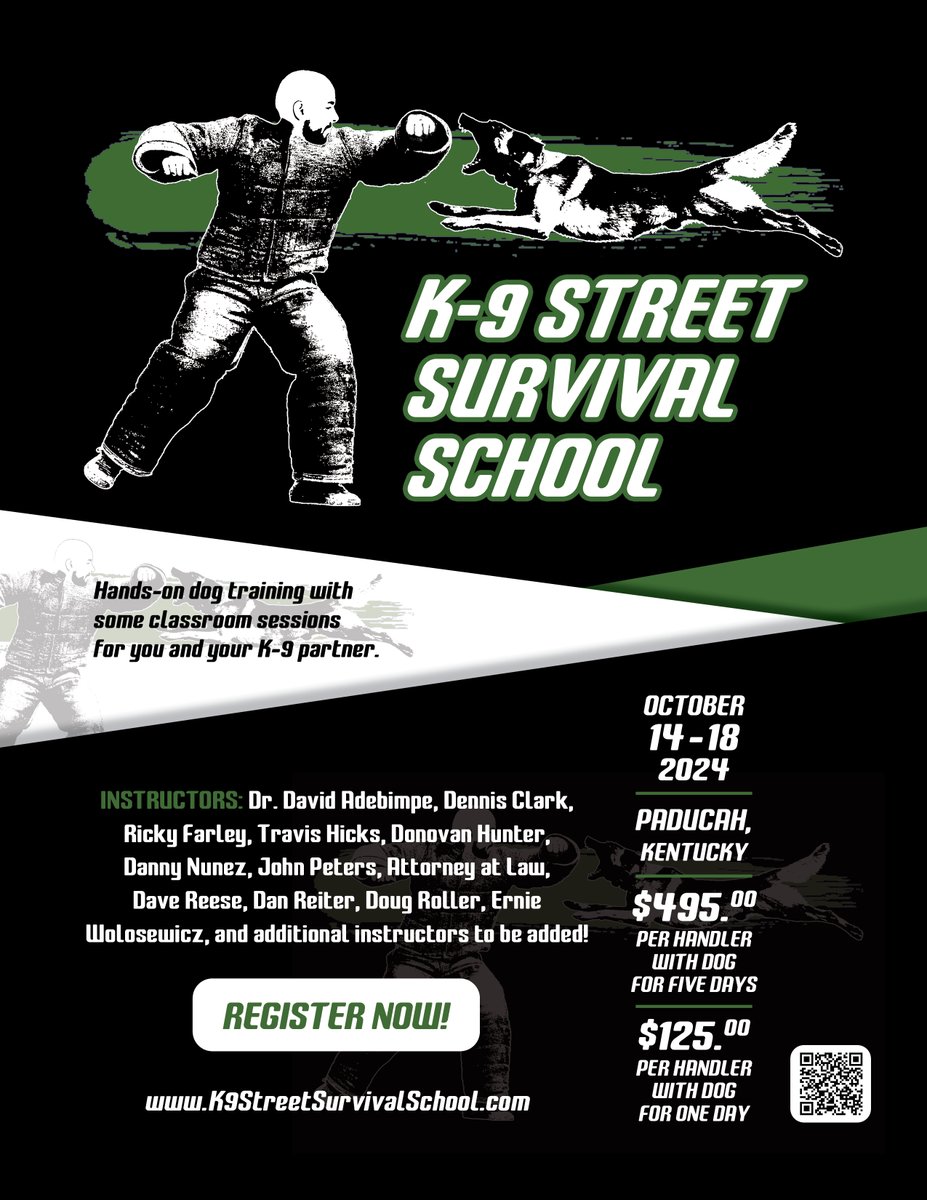 🐺 JOIN US for some hands-on #K9training! Train w/ expert instructors &amp; gain valuable skills. Only $125 per handler w/ dog or $495 per handler for all 5 days.

📍 Paducah, KY
📅 Oct. 14-18, 2024
🔗 k9streetsurvivalschool.com

#K9Training #PaducahKY #PoliceK9 #WorkingDog