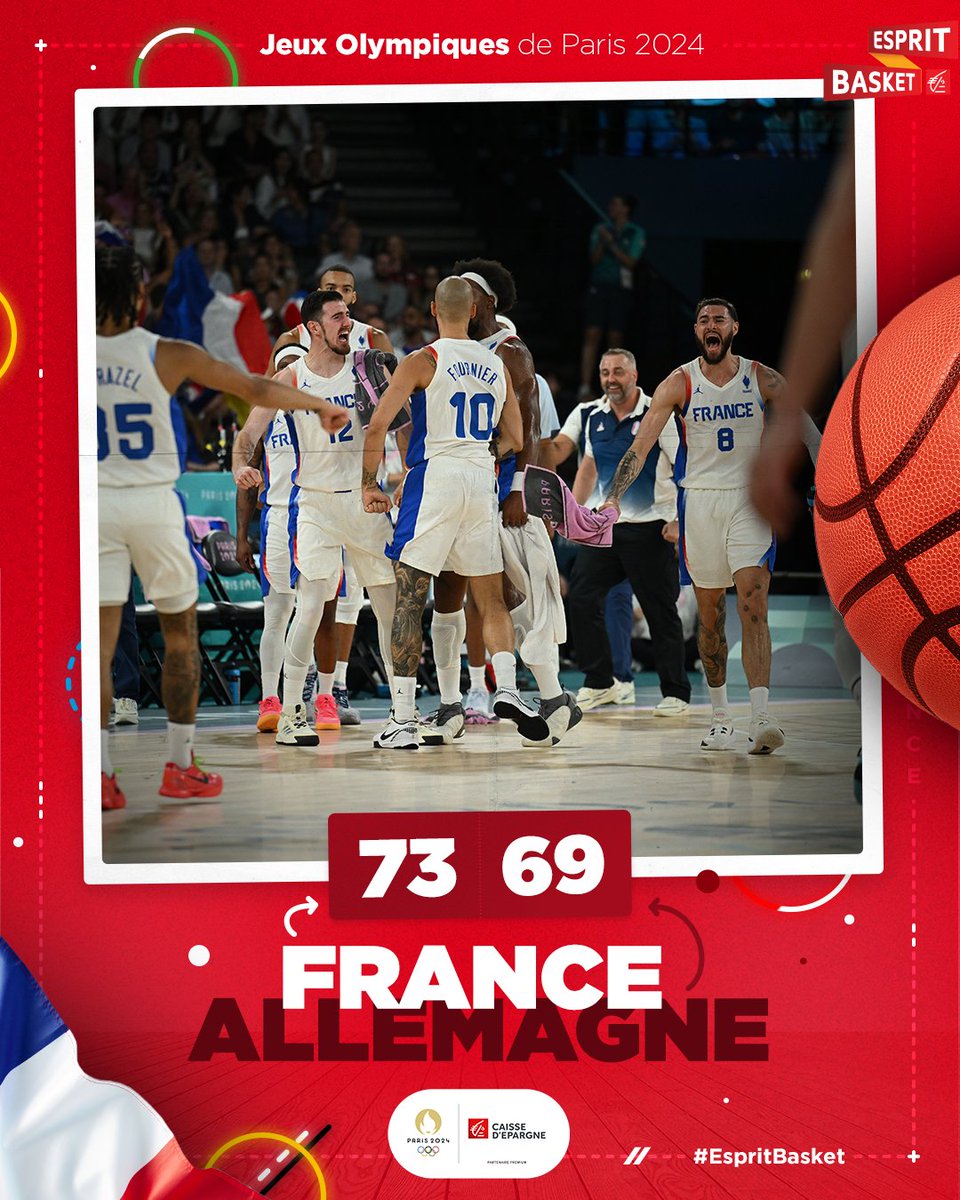 VICTOIRE ! 

LES BLEUS VIENNENT A BOUT DES CHAMPIONS DU MONDE EN TITRE ALLEMANDS 🏆

DIRECTION LA FINALE OLYMPIQUE, LE KIFF EST TOTAL 💙

#FRAALL 🇫🇷 73 - 69 🇩🇪
#EspritBasket #Paris2024