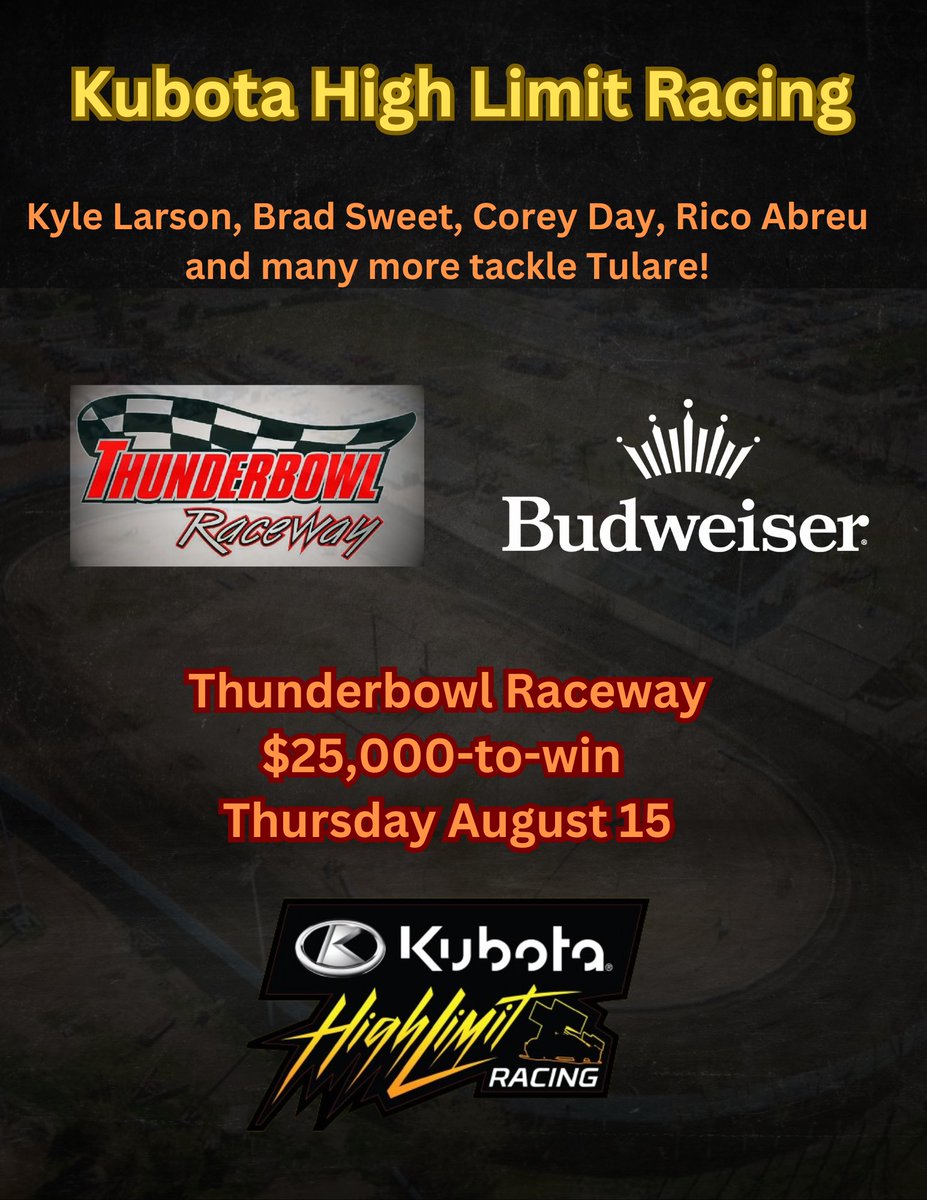 One week from today Kubota High Limit Racing converges at Thunderbowl Raceway in Tulare for the first time.

Tickets are available at bit.ly/4cMalsj or at the gate on race day.