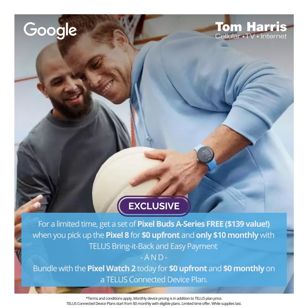 For a limited time, get a set of Pixel Buds A-Series FREE with the Pixel 8 for $0 upfront and $10/mo and bundle the Pixel Watch 2 for $0 upfront and $0/mo on eligible plans! Find your local store at the link below.

tomharris.com/locations/

#Google #TeamPixel #Pixel8 #TomHarris
