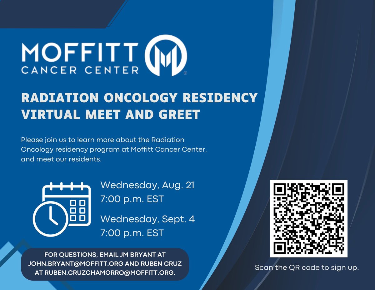 Excited to announce our upcoming Virtual Meet &amp; Greet session! 

If you are a medical student interested in learning more about Moffitt Rad Onc, please sign up at the link below.

Sign up link: docs.google.com/spreadsheets/d…