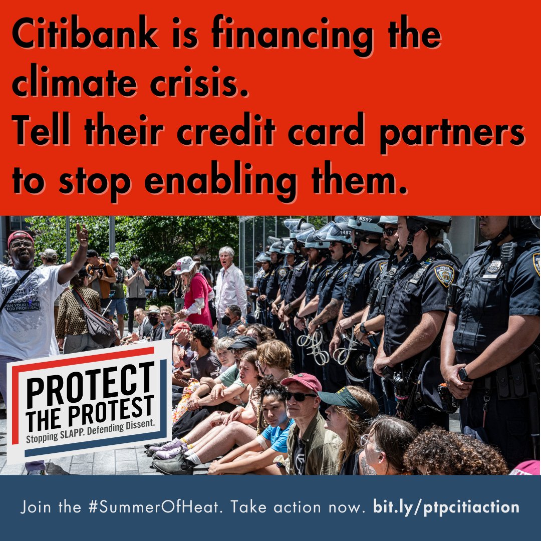 PtP_Coalition's tweet photo. #ProtectTheProtest is joining the 🔥 #SummerOfHeat 🔥 campaign to draw attention to the financiers of the climate crisis like @Citibank. 

Join our digital action today to call out companies that have co-branded credit cards with Citi ➡️ https://t.co/lpgDm3Cf2Y #DropCiti https://t.co/dY7xXFj2tP