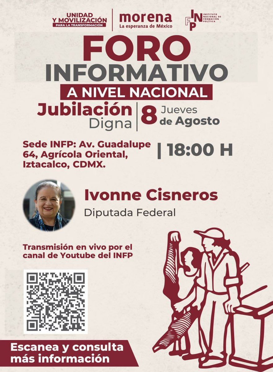ivonnecisnerosL's tweet photo. Están todas y todos invitados al Foro Informativo a nivel nacional: 𝗝𝘂𝗯𝗶𝗹𝗮𝗰𝗶𝗼́𝗻 𝗗𝗶𝗴𝗻𝗮, hoy a las 18:00 hrs en la sede del INFP: Av. Guadalupe 64, Col. Agrícola Oriental, Iztacalco CDMX, y en vivo por el canal de YouTube del @infpmorena. ¡No te lo pierdas! https://t.co/fw0LewikHx