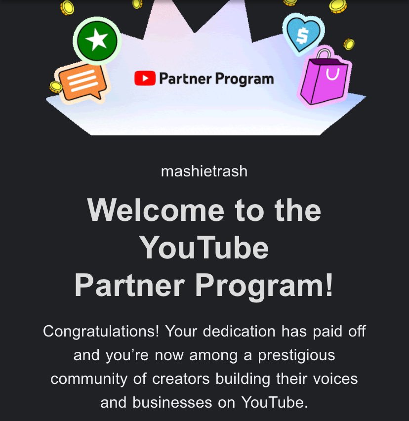 MashieTrash's tweet image. Guys! This morning I was accepted into #YouTubePartnerProgram! It’s all because of your wonderful support and it truly means a lot to me. This has been one of the most fun things I’ve ever done, and I can’t wait to keep growing the channel. Thank you! ❤️