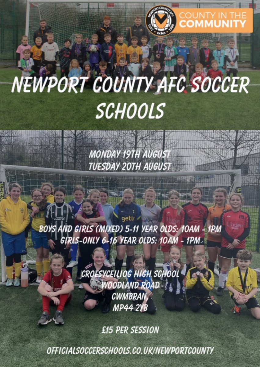County In The Community (@countycommunity) on Twitter photo There is another 2️⃣ weeks of <a href="/NewportCounty/">Newport County AFC</a> Summer Soccer Schools at <a href="/rodneyparade/">Rodney Parade</a> and <a href="/croesyschool/">Croesyceiliog School</a> 🤩
To book your child on, click the link below 👇
officialsoccerschools.co.uk/newportcounty/… There is another 2️⃣ weeks of <a href="/NewportCounty/">Newport County AFC</a> Summer Soccer Schools at <a href="/rodneyparade/">Rodney Parade</a> and <a href="/croesyschool/">Croesyceiliog School</a> 🤩
To book your child on, click the link below 👇
officialsoccerschools.co.uk/newportcounty/…