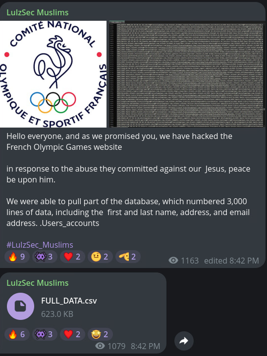 ⚠️ Recent Threat Activity ⚠️ 
 
On August 4, at the Darkzone cybercrime forum, the actor RL-0 posted a dataset exfiltrated from an unidentified source claiming to contain info about the 2024 Paris Olympics. Follow the thread for findings from Senior Researcher <a href="/phd_phuc/">PhD. Phuc</a>. ⬇️