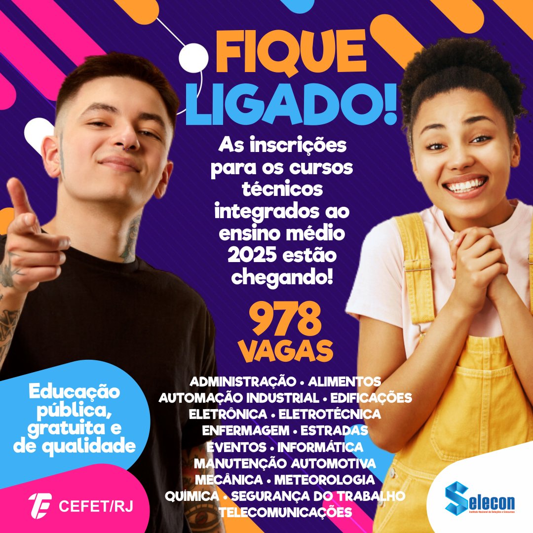As inscrições para os cursos técnicos integrados ao ensino médio do Cefet/RJ estão chegando! Prepare-se para garantir sua vaga.

Fique atento para mais informações em breve! 📣

#CefetRJ #EnsinoTécnico
