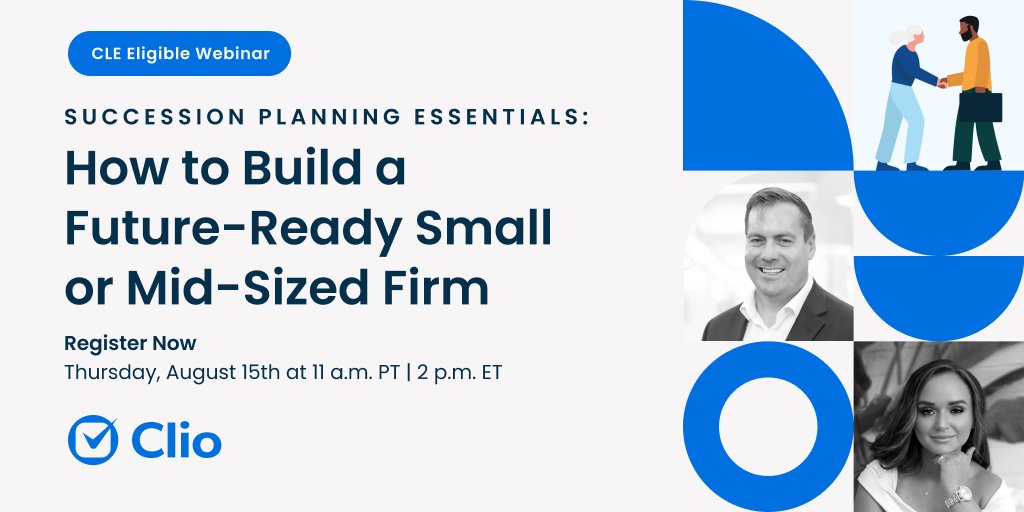 Thinking about the future of your legal practice raises questions.

Join me and Nefra-Ann MacDonald for Clio's CLE webinar, "How to Build A Future-Ready Law Firm: Succession Planning Essentials."

SIgn up here: hubs.ly/Q02J6J3j0

#CLEWebinar #successionplanning #clio