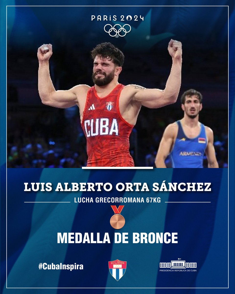 🇨🇺| Luis Alberto Orta, 67 kg lucha grecorromana, gana medalla de bronce en #Paris2024 . 

Es su segunda presea olímpica, luego del oro conquistado en Tokio 2020.

¡Felicidades, campeón!

#CubaInspira ❤️