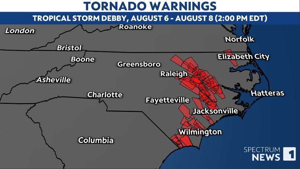 Through 2 p.m. Thursday, August 8th, #Debby has prompted SIXTY-ONE #tornado warnings in #NorthCarolina.

We will continue to cover each one through this afternoon and evening on <a href="/SpecNews1RDU/">Spectrum News 1 RDU</a>.

spectrumlocalnews.com/watch #ncwx #WeatherOnThe1s