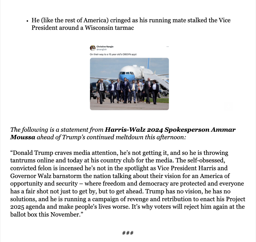 The latest from @KamalaHQ's <a href="/ammarmufasa/">Ammar Moussa</a> as Trump begins his Mar-a-Lago meltdown >>>

Trump's own former White House Press Secretary said it best: He's panicking.