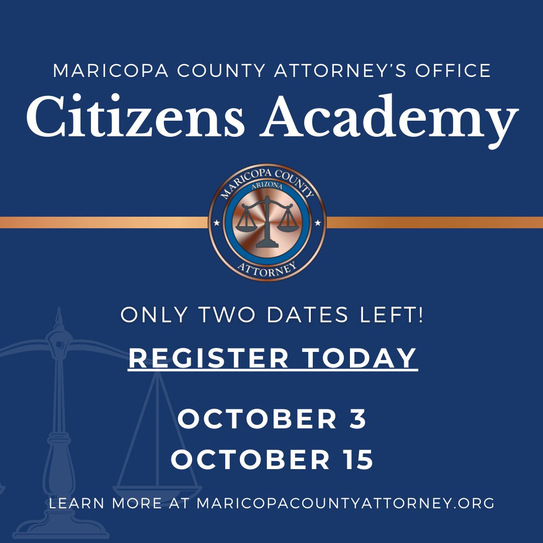 🚨 Only TWO dates left! 🚨

Don't miss out on MCAO's Citizens Academy. Get an insider's look at Maricopa County's criminal justice system. Hear from prosecutors, victim advocates, and more. Register today: bit.ly/MCAOCitizensAc…