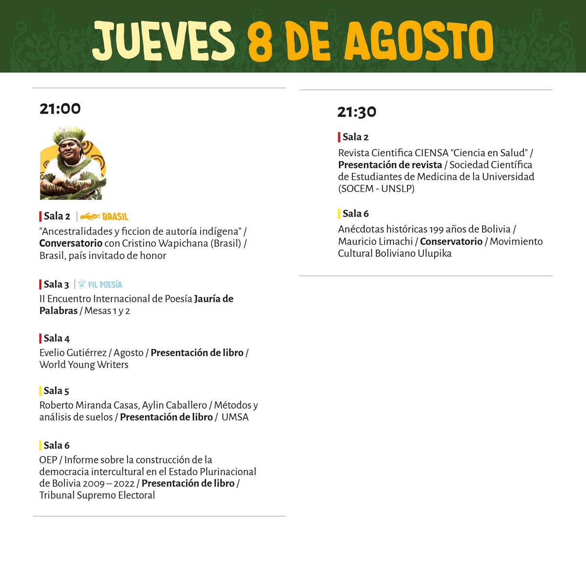 rtp_bolivia's tweet photo. #RTPCultura 
📕📒📗📖 Estas son las actividades del JUEVES 8 DE AGOSTO. 
Ven al Campo Ferial Chuquiago Marka de 𝟏𝟒.𝟎𝟎 𝐚 𝟐𝟐.𝟎𝟎. 

#FILLaPaz 
#FIL 
#28FIL 
#FIL2024  

*La presencia de la invitada internacional Vamille es posible gracias al apoyo de Pro Helvetia South America.