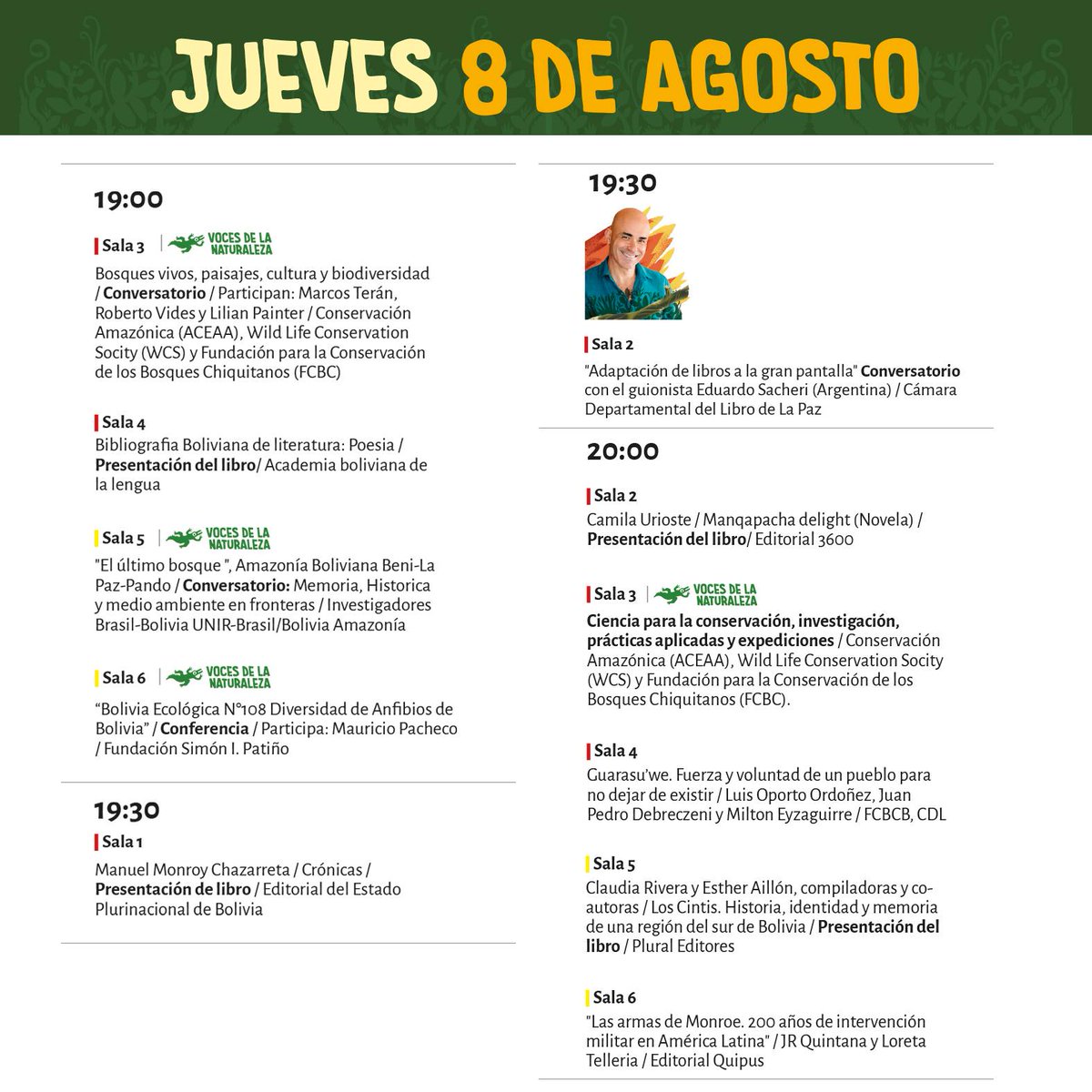 rtp_bolivia's tweet photo. #RTPCultura 
📕📒📗📖 Estas son las actividades del JUEVES 8 DE AGOSTO. 
Ven al Campo Ferial Chuquiago Marka de 𝟏𝟒.𝟎𝟎 𝐚 𝟐𝟐.𝟎𝟎. 

#FILLaPaz 
#FIL 
#28FIL 
#FIL2024  

*La presencia de la invitada internacional Vamille es posible gracias al apoyo de Pro Helvetia South America.