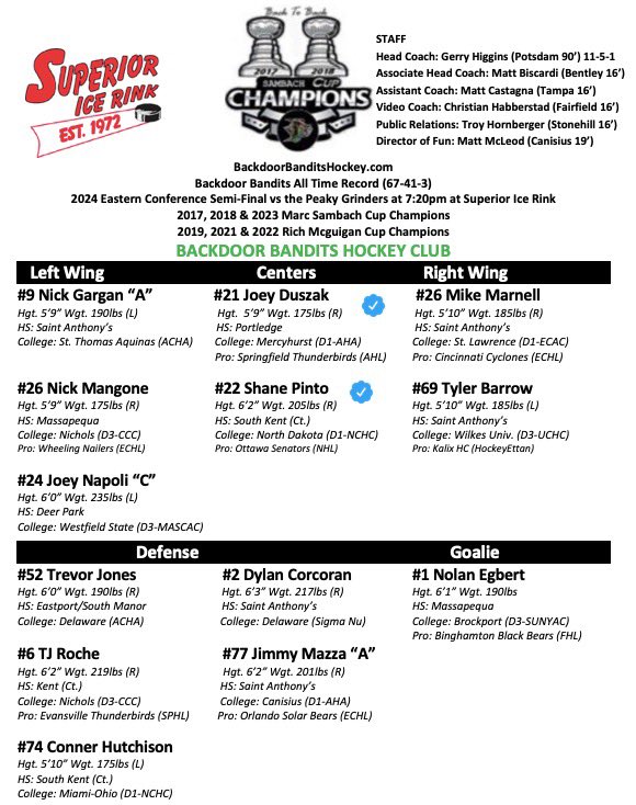 Backdoor Bandits HC (@superiorbandits) on Twitter photo SHL SEMI FINALS | Your Backdoor Bandits look to punch a ticket to the 2024 Sambach Cup Finals tonight as they face the <a href="/PeakyGrinderSHL/">PeakyGrindersSHL</a> at 7:20pm at Superior Ice Rink! The <a href="/Jakes_58/">Jake’s 58 Casino Hotel</a> O/U is set for 10.5! Can’t catch the game? Watch it live on <a href="/LiveBarn/">LiveBarn</a>. #SHL #RoadToTheSambach SHL SEMI FINALS | Your Backdoor Bandits look to punch a ticket to the 2024 Sambach Cup Finals tonight as they face the <a href="/PeakyGrinderSHL/">PeakyGrindersSHL</a> at 7:20pm at Superior Ice Rink! The <a href="/Jakes_58/">Jake’s 58 Casino Hotel</a> O/U is set for 10.5! Can’t catch the game? Watch it live on <a href="/LiveBarn/">LiveBarn</a>. #SHL #RoadToTheSambach