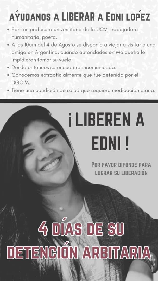 1/ Edni López, es trabajadora humanitaria, profesora y poeta. Fue detenida el pasado 4 de agosto. Es momento de unirnos y levantar nuestra voz por su liberación. 36 horas después su madre la encontró en un centro de detención y pidió a las autoridades su liberación. #LiberenAEdni