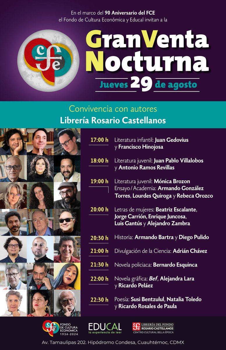 ¡Este 29 de agosto tendremos #FirmaDeLibros en la #LibreríaRosarioCastellanos por la #VentaNocturnaFondoEducal!
 
@panchohinojosa <a href="/mbbrozon/">Monica B. Brozon ❌</a> <a href="/villalobosjperi/">Erica melo</a> @sobreperdonar <a href="/peca104/">Rebeca Orozco </a> <a href="/BeatrizEscalant/">Beatriz Escalante</a> <a href="/jorgecarrion21/">Jorge Carrión</a> @pulido_esteva <a href="/nochaveznada/">Adrián Chávez</a> <a href="/monorama/">El Leonardo da Vinci de Aztlán</a> <a href="/SusiBentzulul/">Susi Bentzulul</a> #FCE90Años