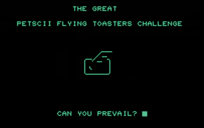 Hereby, I declare 

"The Great PETSCII Flying Toasters Challenge"

Eligible are any 8-bit programs (BASIC, machine language, Forth, etc) implementing the famous screensaver in PETSCII art or similar.
Add your entries here.

#petsciiflyingtoasterschallenge