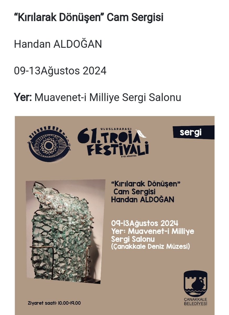 Arkadaşlar, Yurtaşlar, Sanatseverler, Camseverler. Benseverler!!! duyduk duymadık demeyin!!! 61. Troia festivali kapsamında yapılacak olan . 4. Kişisel cam sergime davetlisiniz... Kendinizi  9-13 Ağustos'ta Çanakkale 'de olacak şekilde ayarlayın lütfen ☺️❤️
<a href="/handanaldogan/">Handan Aldoğan Yayla</a>