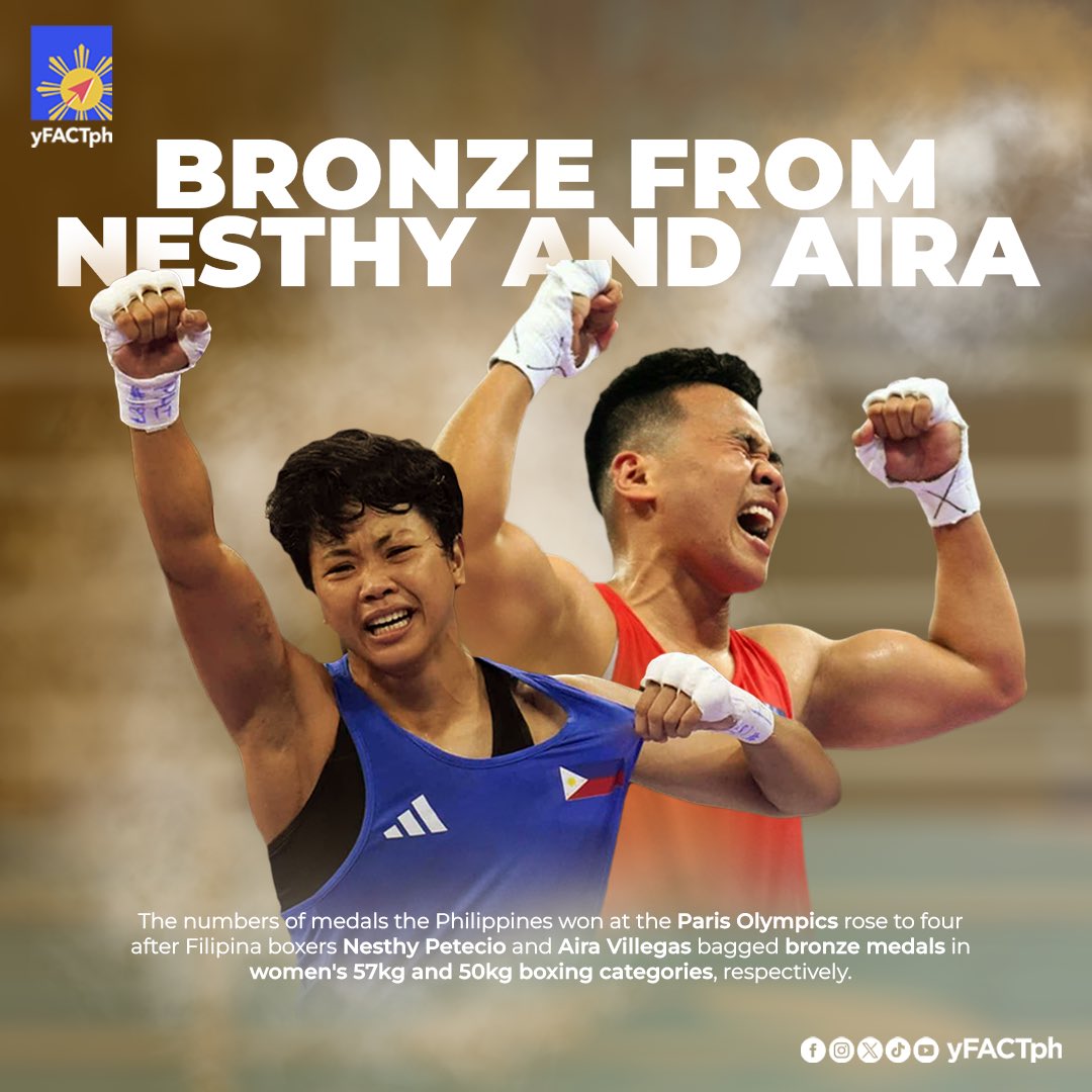 THAT’S TWO BRONZE FROM NESTHY AND AIRA. 🇵🇭

The Philippines takes pride once more as Filipina boxers Nesthy Petecio and Aira Villegas clinch bronze medals in the women’s 57kg and 50kg boxing categories at the Paris Olympics. 

#OlympicsGames #Paris2024