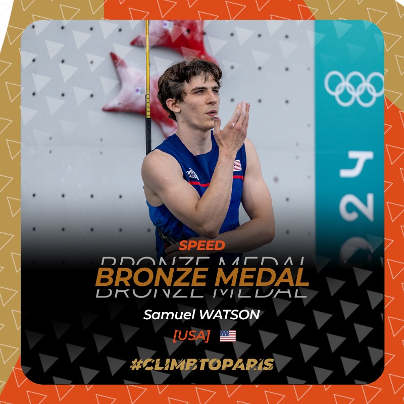 worldclimbing's tweet photo. The podium of the men's Speed event at @Paris2024:

🥇 @VeddriqL 🇮🇩
🥈 Wu Peng 🇨🇳
🥉 Samuel Watson 🇺🇸

#WorldClimbing #ClimbToParis #Olympics #Paris2024