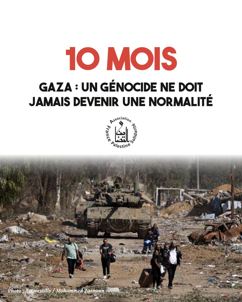 Bilan de 10 mois d'atrocités commises par Israël contre le peuple palestinien. Les chiffres et images sont horrifiants !
Continuons à nous mobiliser pour exiger l'arrêt immédiat du génocide !

Un génocide, ça ne se regarde pas en silence ! Ça s'arrête !

#Gaza #GazaGenocide‌