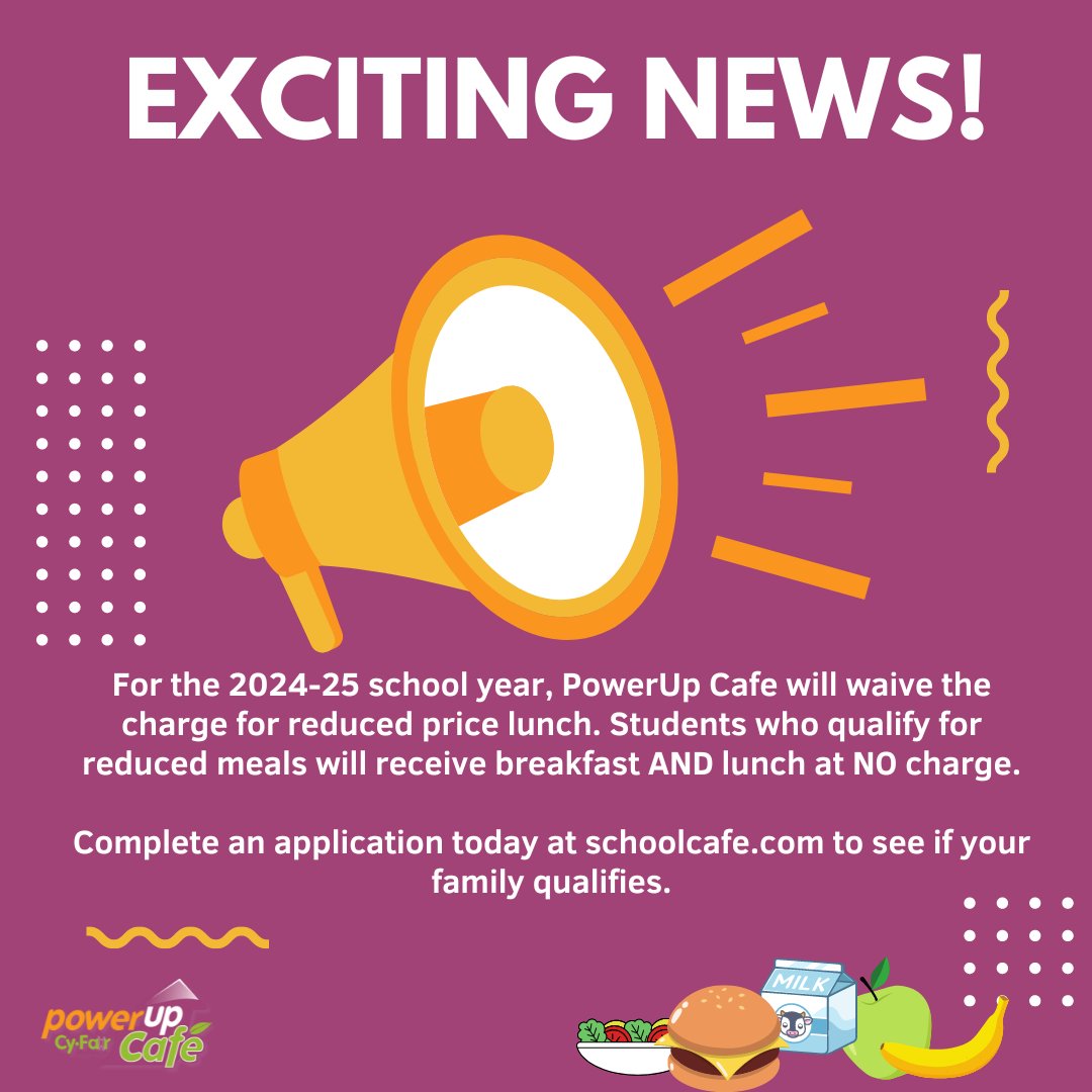 PowerupSuzy's tweet photo. Hey there @CyFairISD welcome back!!! @PowerUpCafe has big news for the 24-25 school year! Check it out and complete your application today. Have a question or need some help? Let me know! #servingfoodandlovewithcare https://t.co/O2LbVWJKzV