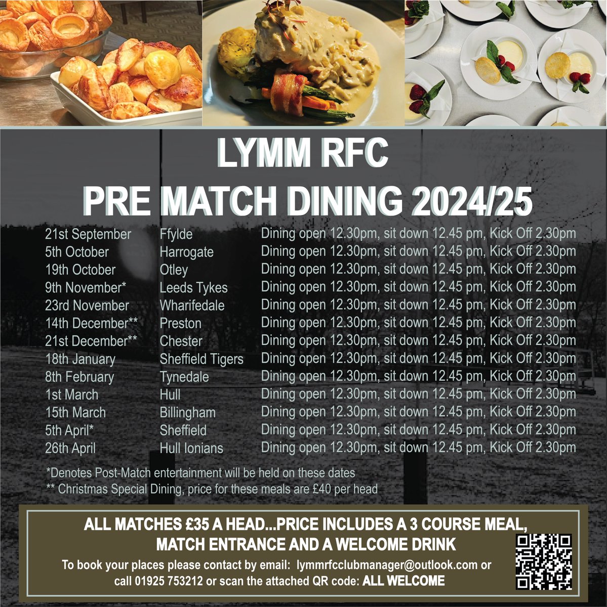 Fantastic matchday hospitality available <a href="/LymmRugbyClub/">Lymm RFC</a> please see the dates below and email lymmrfcclubmanager@outlook.com to book or for further details;