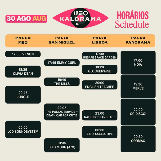 Horários do Festival MEO Kalorama 2024 - 30 de agosto