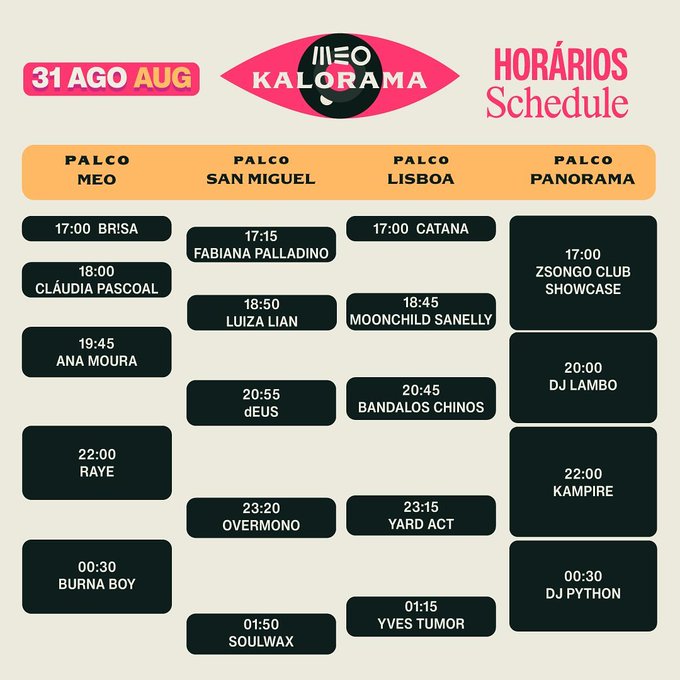 Horários do Festival MEO Kalorama 2024 - 31 de agosto
