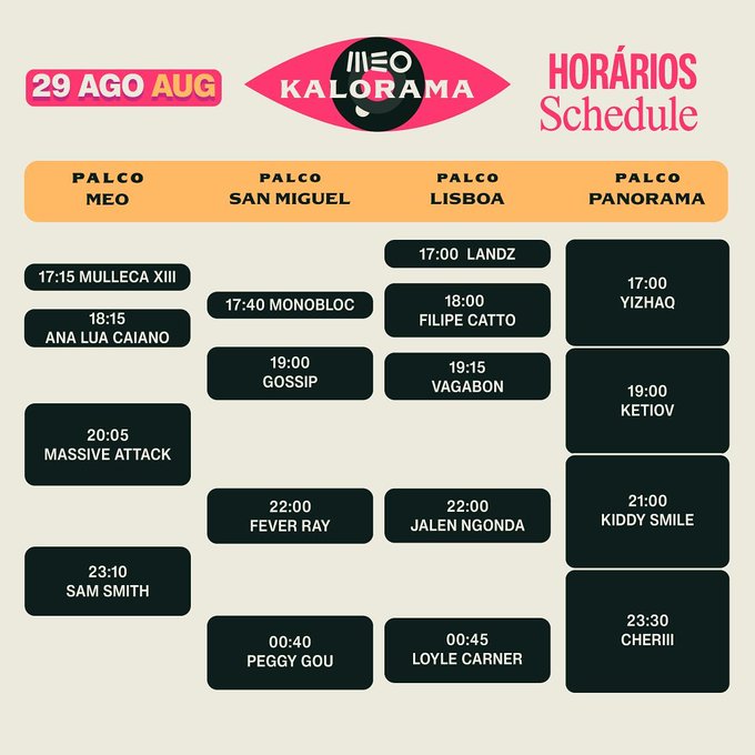 Horários do Festival MEO Kalorama - 29 de agosto