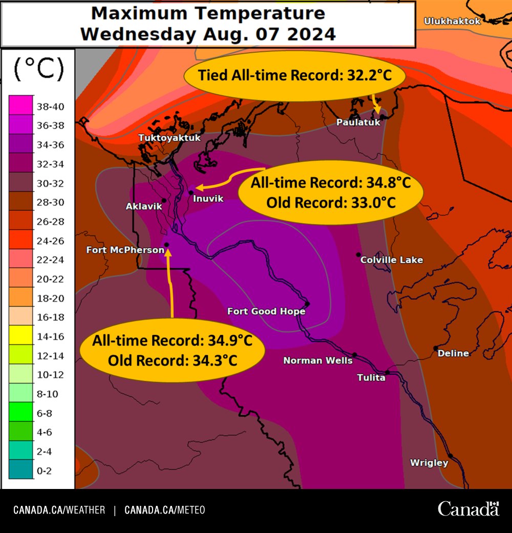 Yesterday was another record breaker in the NWT. Temperatures breached the 30s in the northern half of the territory, with all-time temperature records falling in Fort McPherson, Inuvik and Paulatuk. The #heat continues today. #NTStorm 

ow.ly/V4r350SU42K