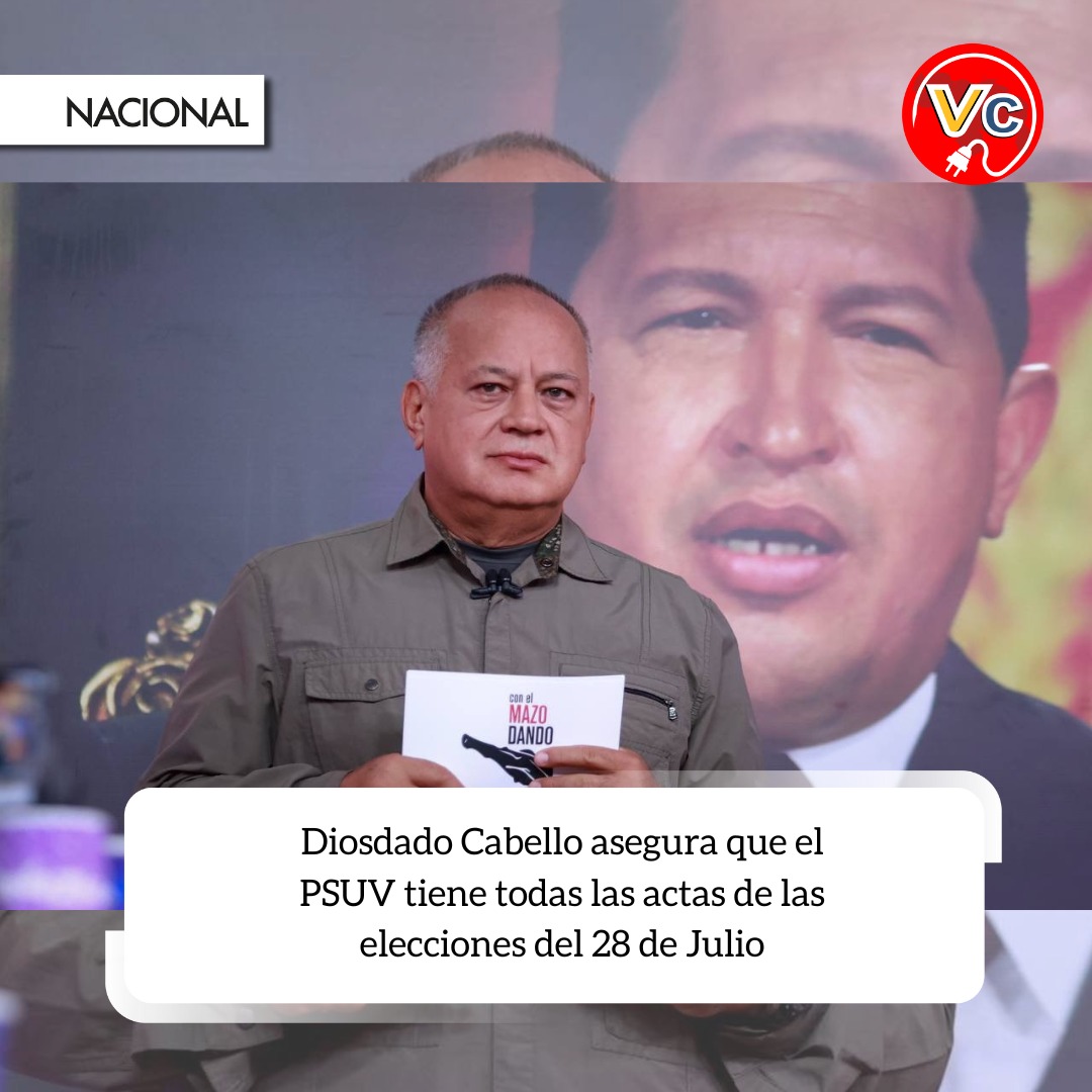 Vzlaconectada's tweet photo. Diosdado Cabello, primer vicepresidente del Partido Socialista Unido de Venezuela (PSUV), reafirmó que su partido posee todas las actas de las elecciones presidenciales del 28 de julio. "Todos los testigos del PSUV las entregaron y yo tengo las actas", afirmó.
#Caracas #8agosto https://t.co/Uwe0YsxMvJ