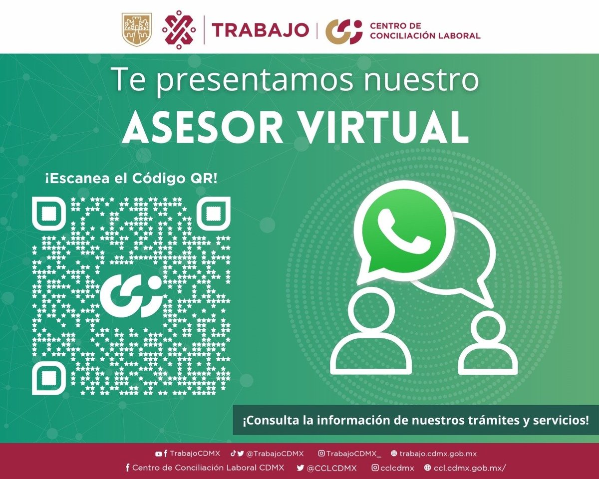 CCLCDMX's tweet image. 📲 ¿Tienes dudas laborales? ¡Nuestro #AsistenteVirtual te apoya 24/7! Consulta tus derechos, servicios que te ofrecemos de manera gratuita y más.  No caigas en manos de intermediarios.

 Manda un #WhatsApp al 5526569240 o da clic aquí: i.mtr.cool/rlybqjmhii 

#TrabajoEnLaCiudad