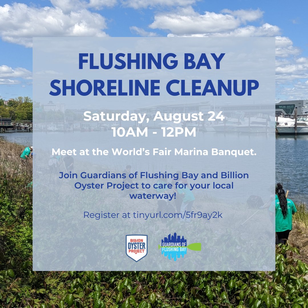 Guardians of Flushing Bay (@flushingbay) on Twitter photo We're leading another Flushing Bay shoreline cleanup with <a href="/BillionOyster/">Billion Oyster</a>—join us and care for your local waterway!
🗓️ Saturday, August 24—10am to 12pm
📍 Meet on the promenade in front of the World's Fair Marina Banquet.
Register at tinyurl.com/5fr9ay2k We're leading another Flushing Bay shoreline cleanup with <a href="/BillionOyster/">Billion Oyster</a>—join us and care for your local waterway!
🗓️ Saturday, August 24—10am to 12pm
📍 Meet on the promenade in front of the World's Fair Marina Banquet.
Register at tinyurl.com/5fr9ay2k