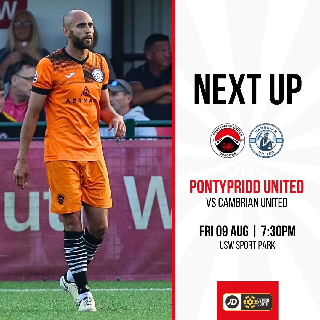 PontyUnitedM's tweet image. 𝐍𝐄𝐗𝐓 𝐔𝐏 🔜

Pontypridd United 🆚 Cambrian United

📅 Friday 9th August
⏰ 7:30PM
🏟 USW Sport Park
📍 CF37 5UP

After two away games in a row, we return home looking to extend our unbeaten run in the #JDCymruSouth 💪

Tickets: buff.ly/3SHFlSm

#OneClub #WeAreUnited