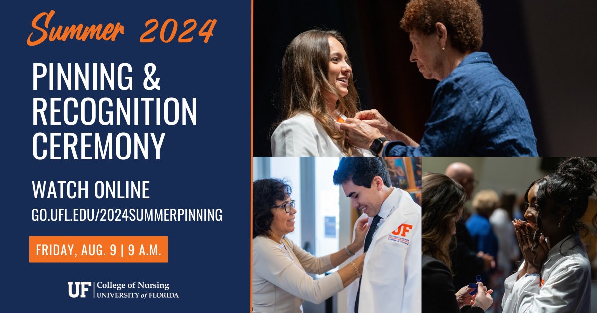 Can't makes it in person to the College of Nursing 2024 Pinning Ceremony of Friday? Don't miss the honored tradition of welcoming our Gator Nurses to the profession. Click the link to watch the ceremony online: go.ufl.edu/2024summerpinn…