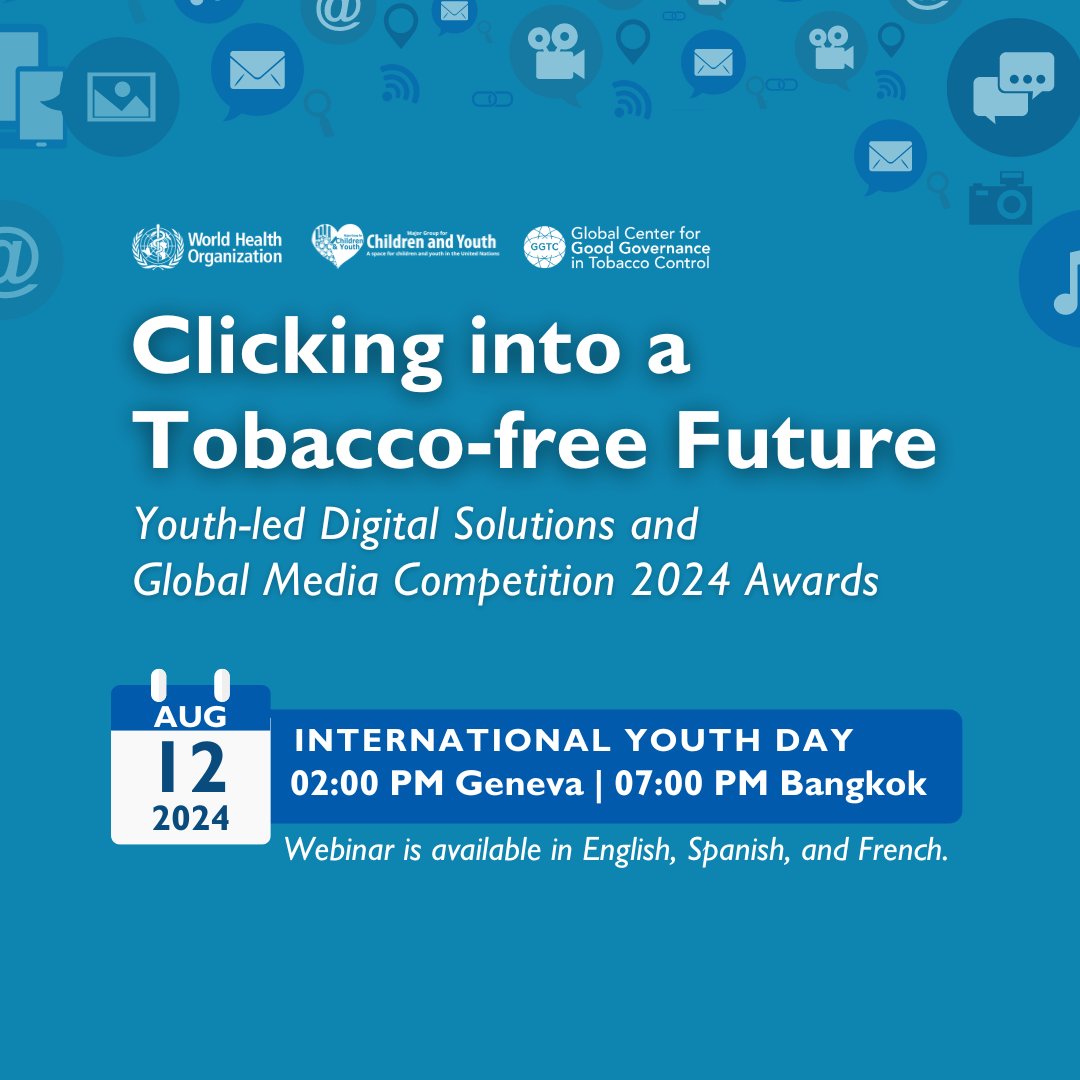 Celebrate #InternationalYouthDay with us on August 12, 2024 and check out how the youth are countering tobacco industry tactics with digital solutions! 🎉🌍

Meet the winners of WHO and GGTC’s Social Reels Challenge and get inspired by Global Youth Voices using digital media to