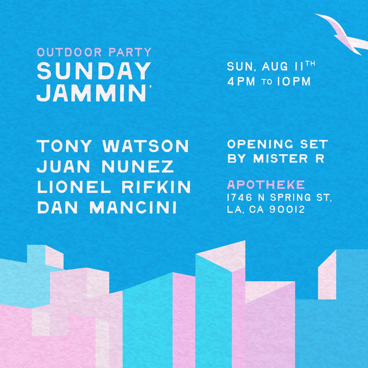 TonyWatson's tweet photo. Our Summer outdoor daytime party is back on Sunday, August 11th. This time, we’re going inland to Apotheke’s beautiful outdoor patio in Downtown LA. Come, dance under the sun and let’s make more memories together! Music starts at 4PM. https://t.co/0hdvLNrsDk