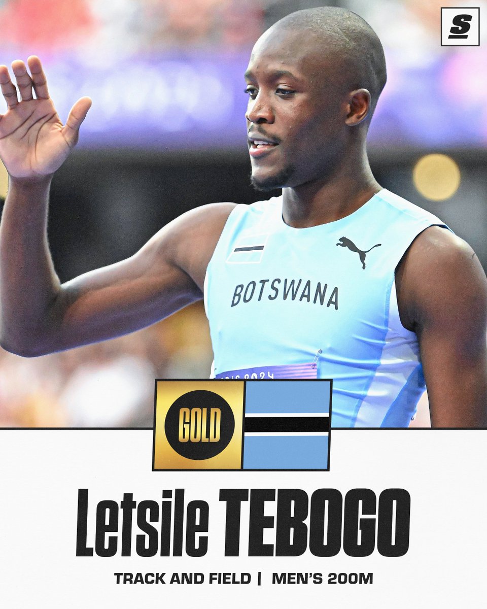 theScore's tweet photo. WOW!!!!! NOAH LYLES HAS BEEN UPSET IN THE 200M!!!  

LETSILE TEBOGO FROM BOTSWANA!! THE FIRST AFRICAN SPRINTER TO WIN OLYMPIC GOLD IN THE 200M!!!! 🇧🇼 https://t.co/pssEt57lX6