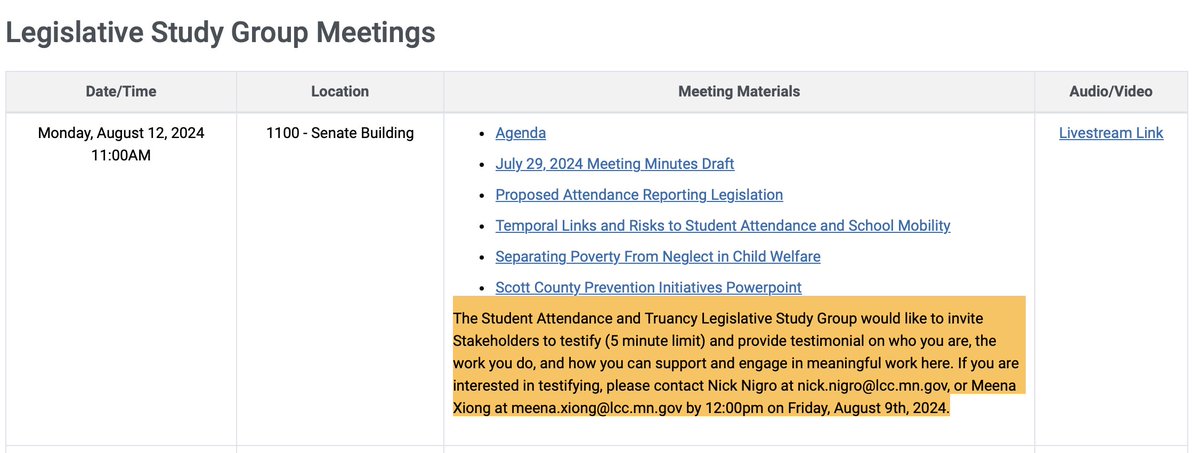 Under the radar #mnleg committee working this summer is taking testimony regarding improving student attendance Monday Aug 12th!

Come on out and share your perspective on barriers and solutions!
lcc.mn.gov/satlsg/