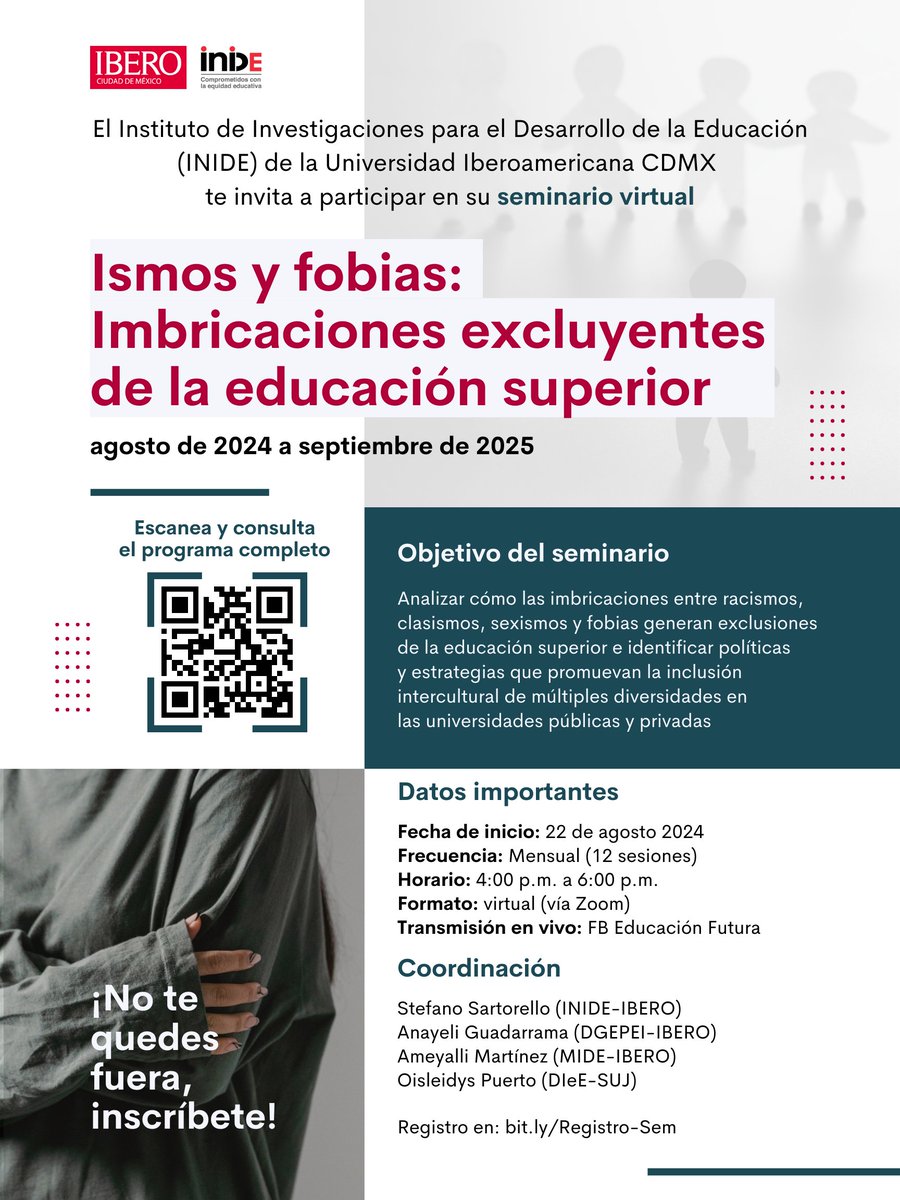 INIDEdelaUIA's tweet photo. #Difusión | 📚 Seminario virtual: #Ismos y #Fobias. ¡Únete a la conversación sobre cómo superar racismos, clasismos, sexismos y fobias en la educación superior!
🗓️ Fecha de inicio: 22 de agosto 2024
🕓 Horario: 4:00 p.m. a 6:00 p.m.
🔗 Programa: https://t.co/tWD6GrR2xw https://t.co/87YD09ohMw